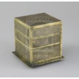 A Chinese bronze 'shou' three tier square box, 19th century, decorated with shou medallions and a