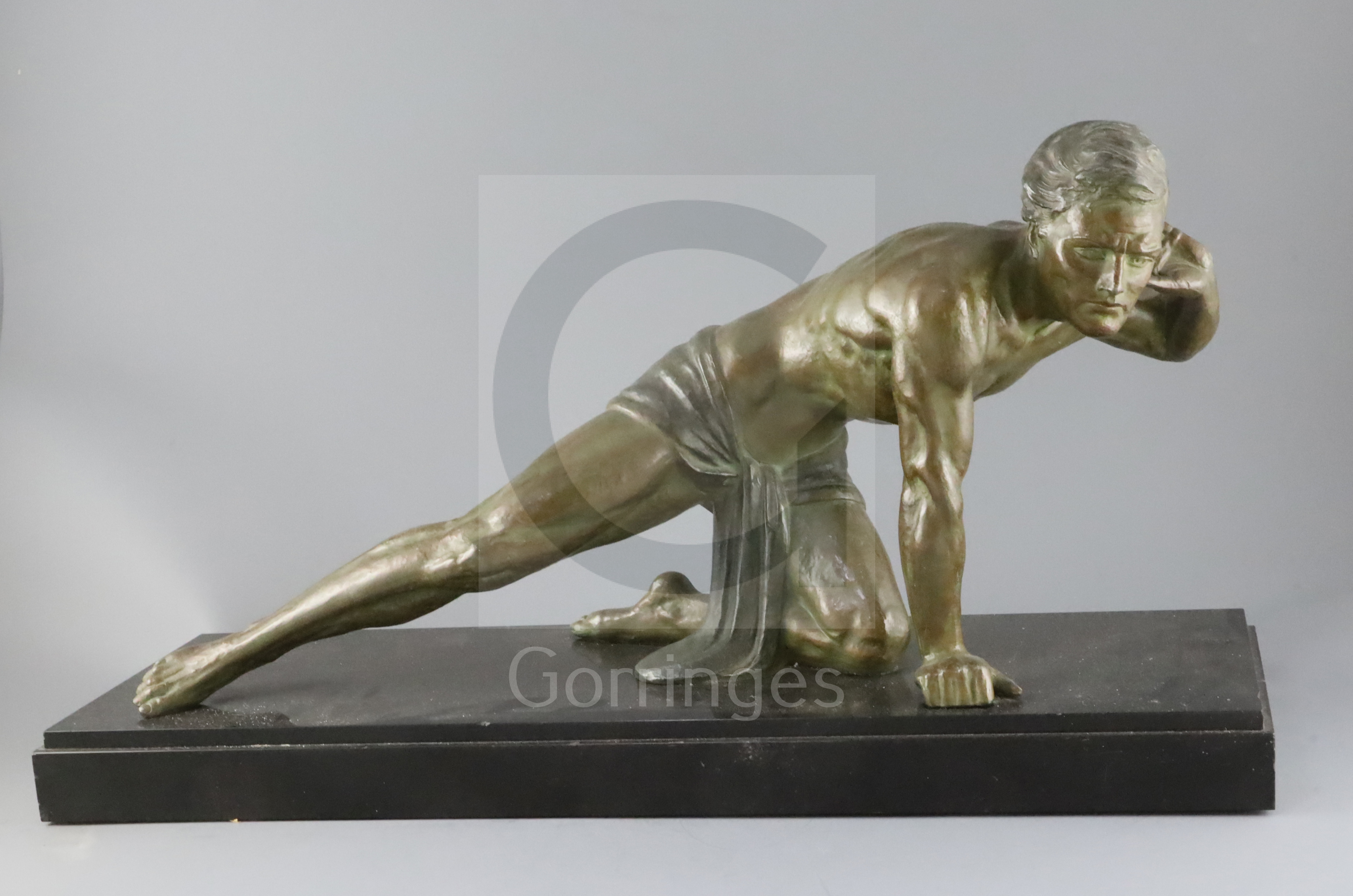 Jean De Roncourt. An Art Deco bronzed spelter figure 'Le Guetteur', on black marble plinth, W.25.