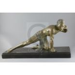 Jean De Roncourt. An Art Deco bronzed spelter figure 'Le Guetteur', on black marble plinth, W.25.