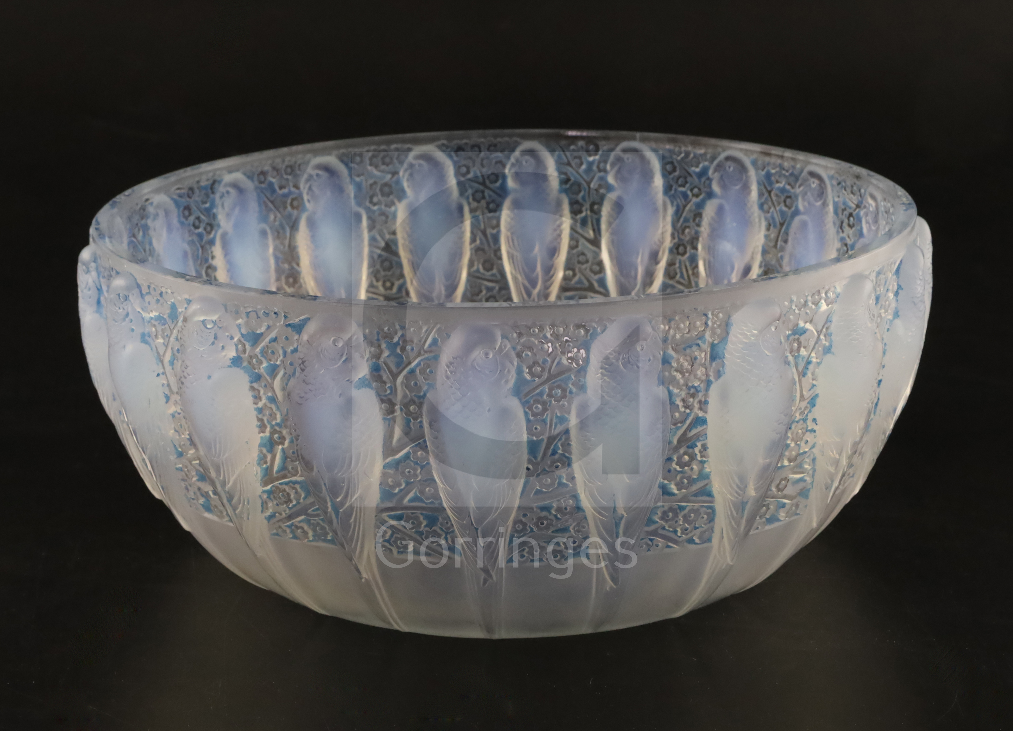 A Rene Lalique 'Perruches' blue-stained opalescent glass bowl, c.1931, model 419, etched mark 'R.