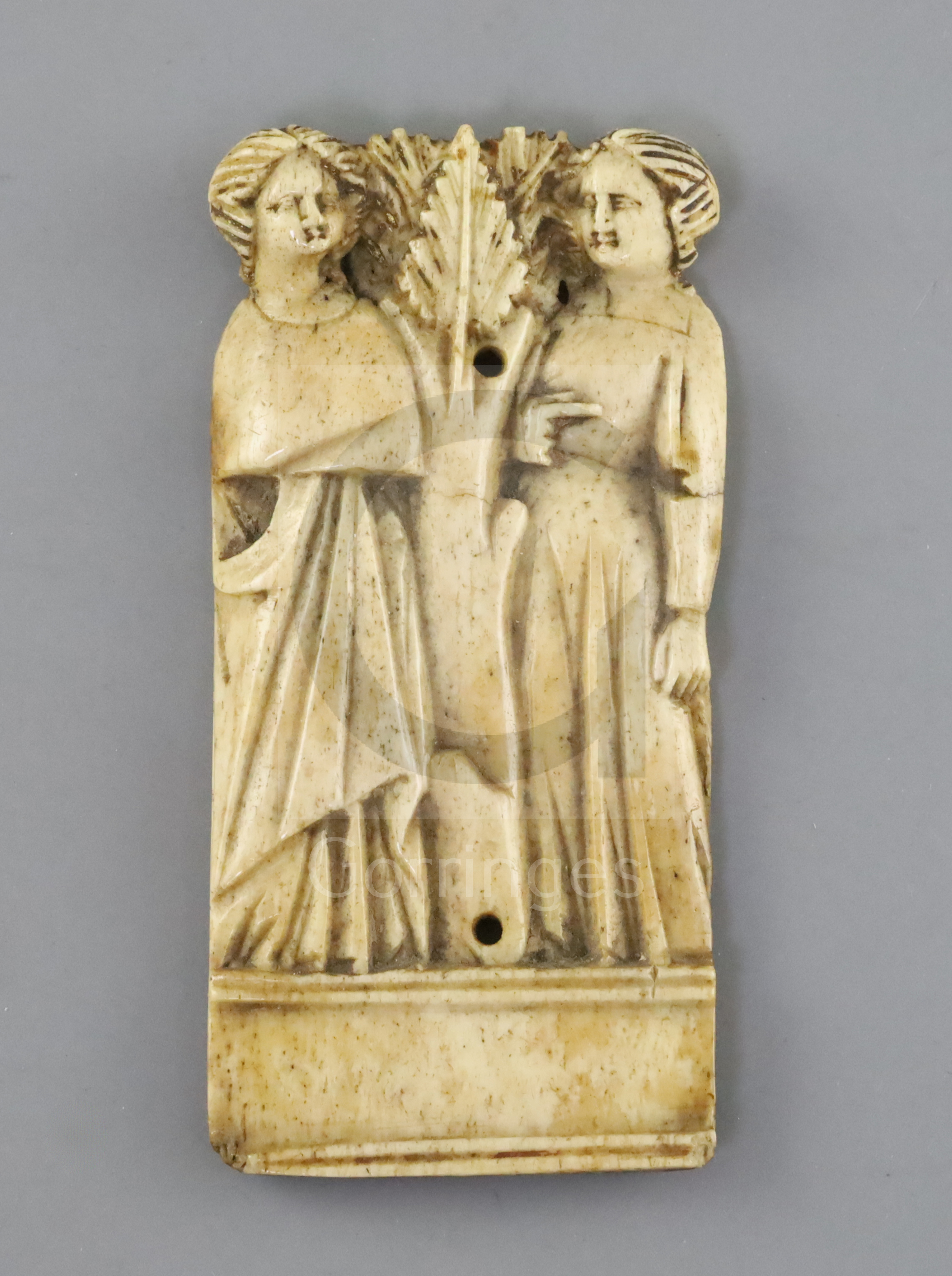 An Italian bone relief plaque, possibly Embriachi workshop, c.1390-1410, depicting two gowned - Image 3 of 3