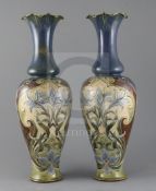 Eliza Simmance for Doulton Lambeth, a pair of tall Art Nouveau baluster vases, c.1895, each