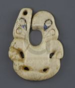 A rare Maori whale bone and paua shell pendant, hei tiki of unusual hei matau form, possibly late