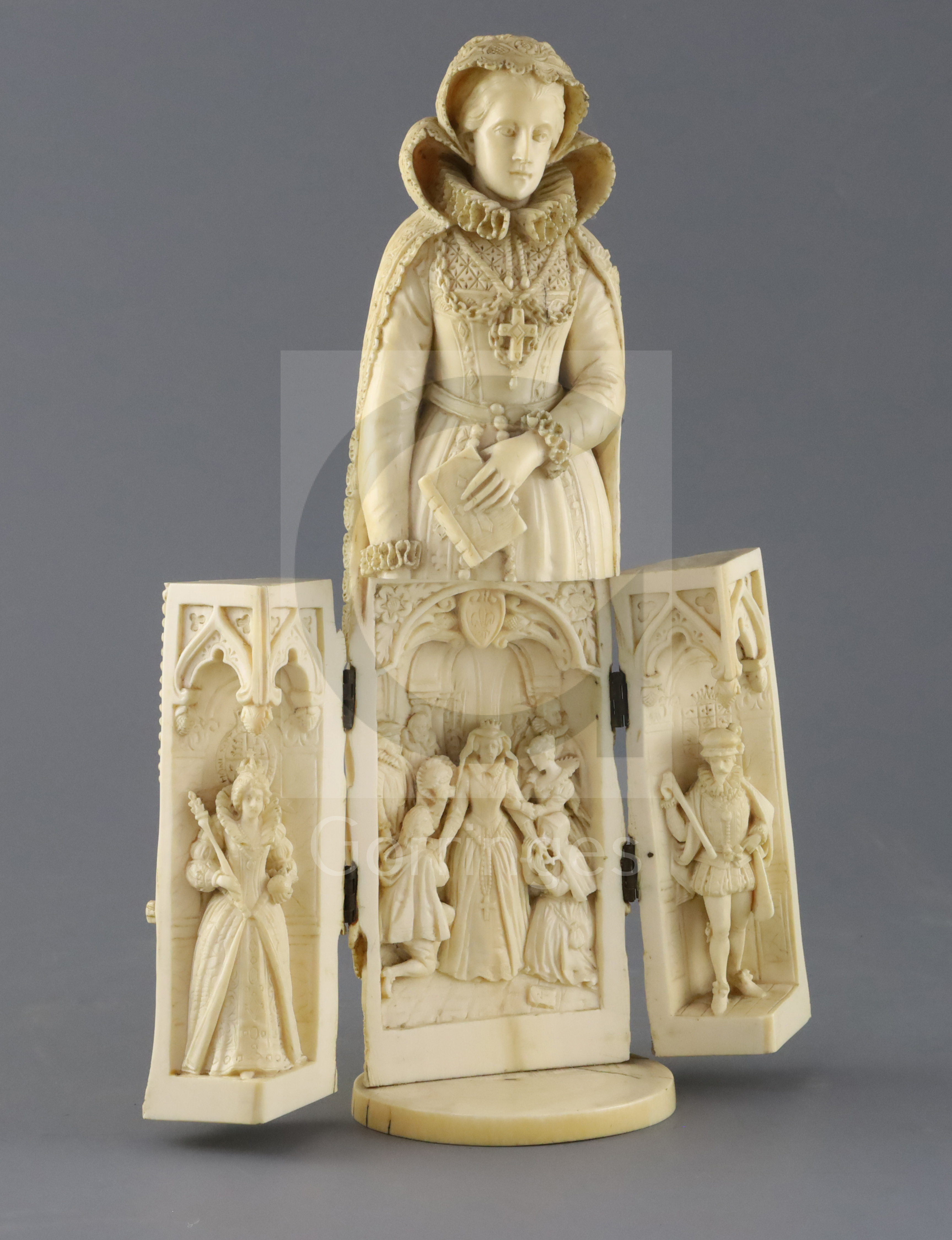 A 19th century Dieppe ivory 'triptych' model of Mary Queen of Scots, her skirt opening to reveal a - Image 2 of 2