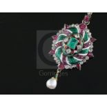 A 19th century gold and silver, emerald, ruby, diamond, two colour enamel and baroque pearl drop