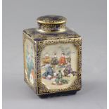 A Japanese Satsuma pottery square tea caddy and cover, by Kinkozan, Meiji period, painted to two