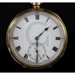 A George V 9ct gold open face keyless lever pocket watch, with Roman dial and subsidiary seconds,