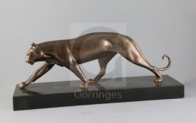 Irénée Rochard (1906-1984). A French Art Deco bronze model of a panther, on black marble plinth, W.