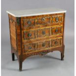 A 19th century French Louis XVI style ormolu mounted kingwood commode, with white marble top and