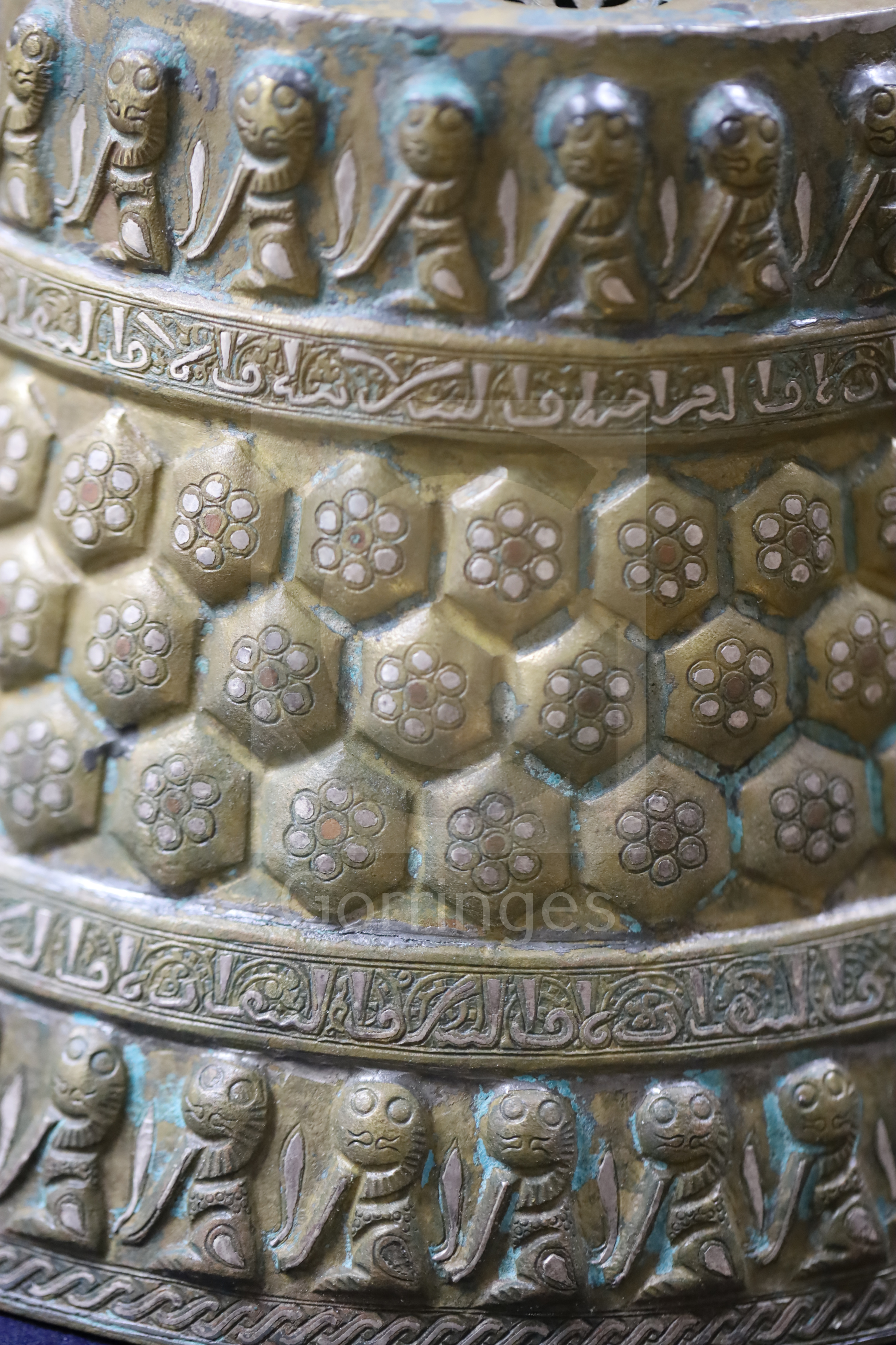 A 13th century Khorassan silver and copper inlaid bronze candlestick, of octagonal faceted truncated - Image 6 of 6