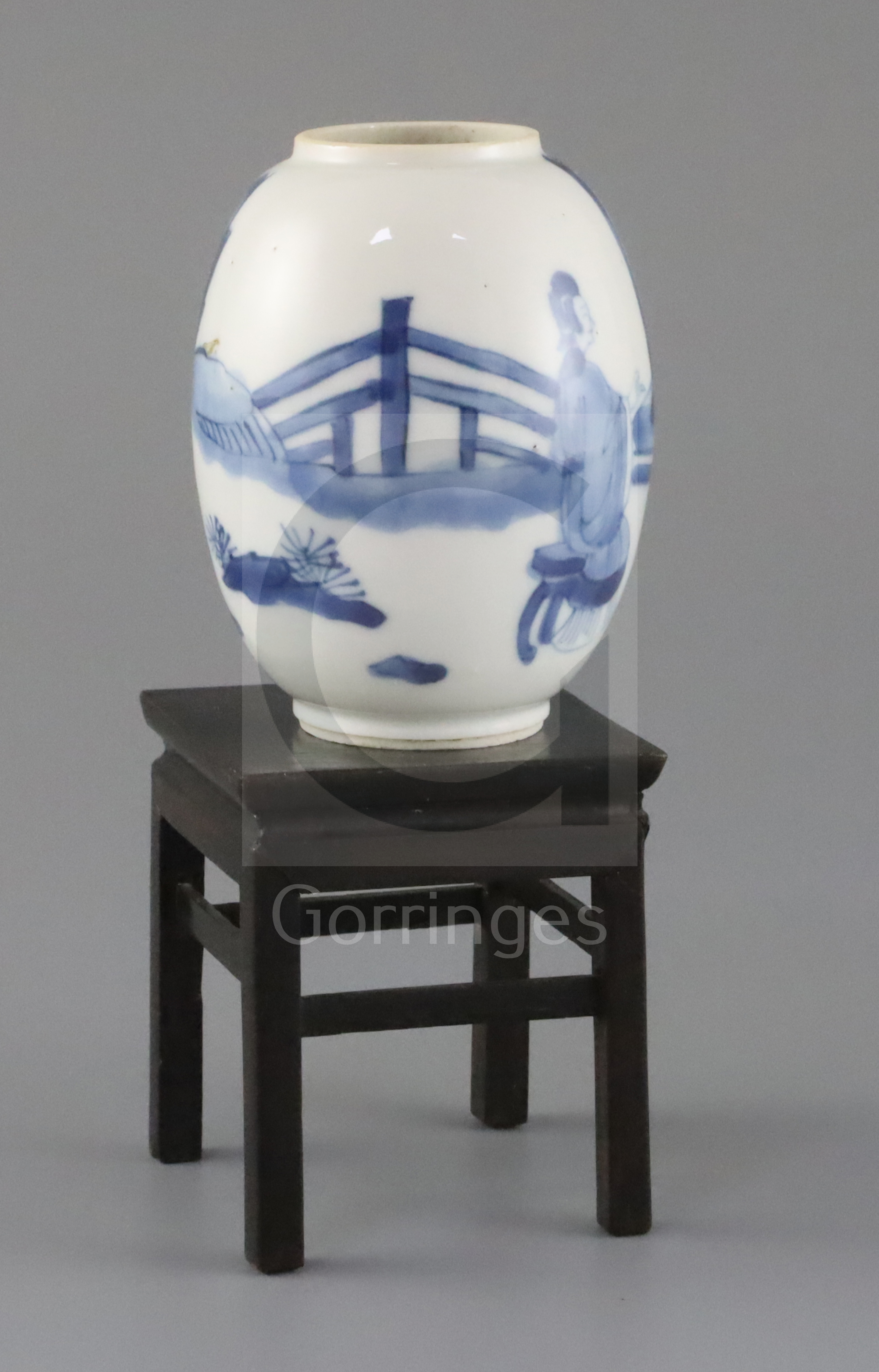 A Chinese blue and white small ovoid vase, Kangxi period, painted with two ladies seated at a - Image 2 of 3