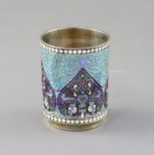 A late 19th century Russian 84 zolotnik silver and cloisonne enamel beaker tot, assay master,