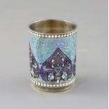 A late 19th century Russian 84 zolotnik silver and cloisonne enamel beaker tot, assay master,