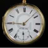 A George V 18ct gold open face keywind lever pocket watch, with Roman dial and subsidiary seconds.