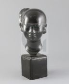 Nguyen Thanh Le (1919- Vietnam). A bronze head of a Vietnamese woman, signed, on black marble