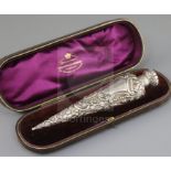 A late Victorian repousse silver mounted scent bottle, in Goldsmith & Silversmith box, by Horton and