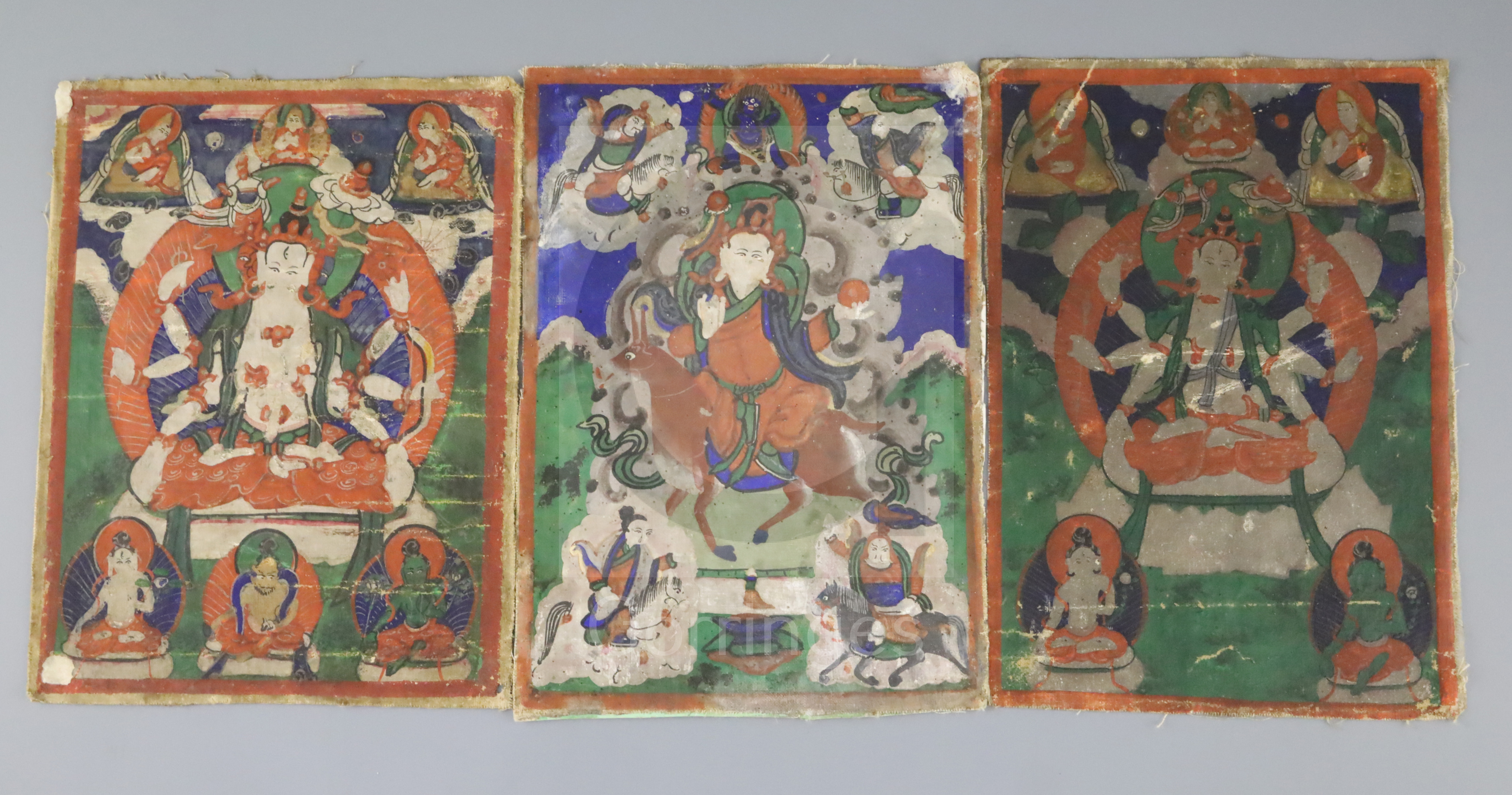 A set of five Tibetan thangkas depicting Buddhist deities, late 19th century, painted on silk, - Image 2 of 2