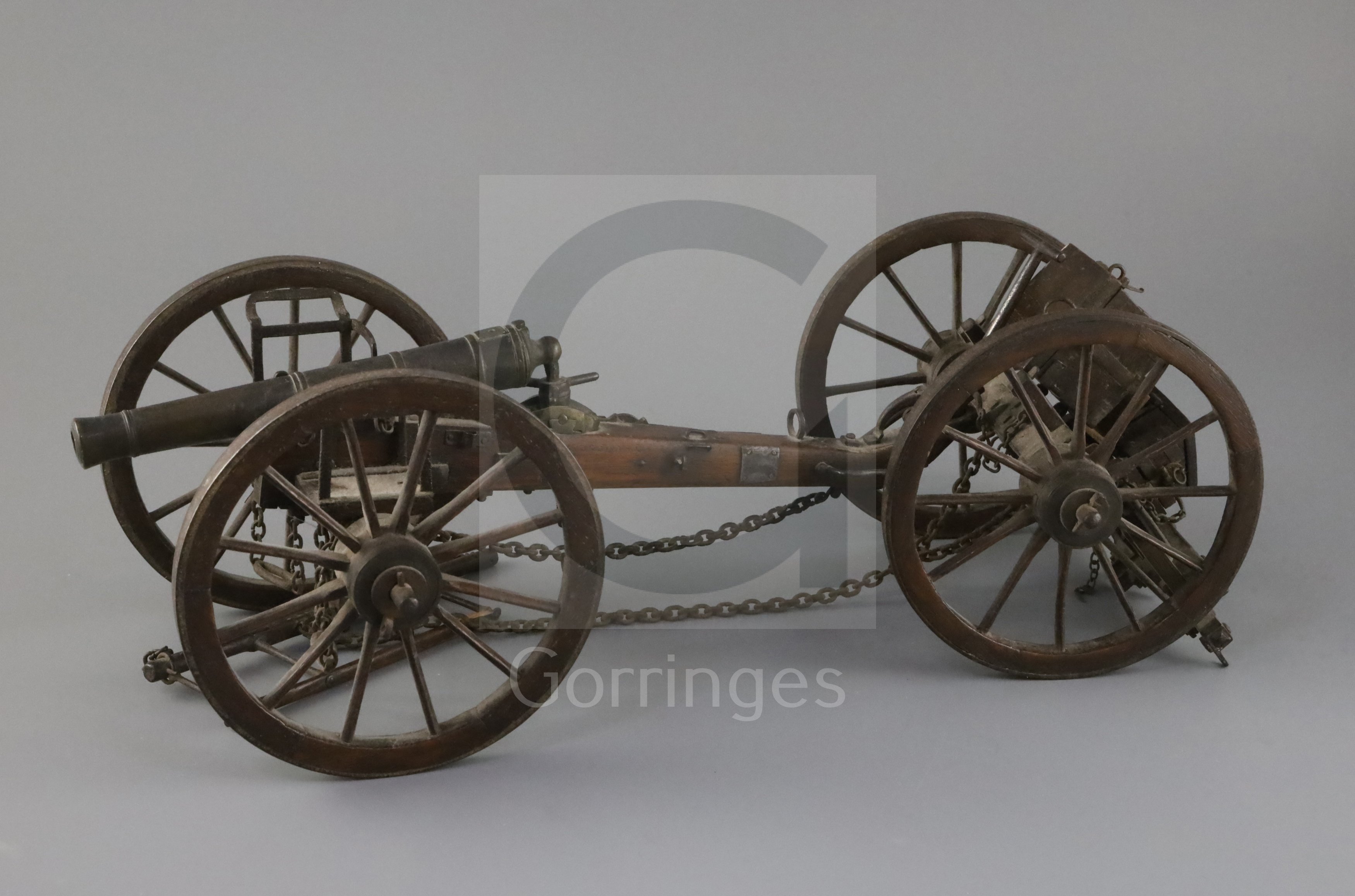 A 19th century scratch built model of a horse artillery six pounder gun and carriage, made of