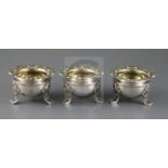 A good set of three George III silver table salts by Robert & Samuel Hennell, of cauldron form, with