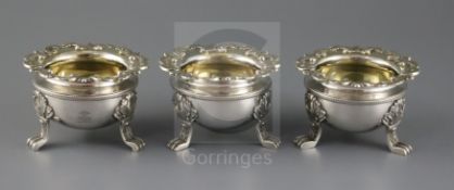 A good set of three George III silver table salts by Robert & Samuel Hennell, of cauldron form, with