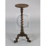 A late 17th century Dutch walnut candle stand, with floral marquetry decorated top and barley
