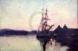 Attributed to Sir Alfred East (1849-1913)oil on boardShip docked at sunsetunsigned6.5 x 9.5in.