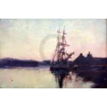 Attributed to Sir Alfred East (1849-1913)oil on boardShip docked at sunsetunsigned6.5 x 9.5in.