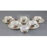 A set of six Chinese rouge de fer 'chicken' tea bowls and five saucers, 18th / 19th century, each