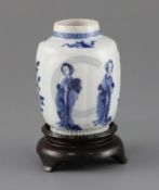 A Chinese blue and white small jar, Kangxi period, painted to the petal lobed body with ladies and