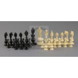 A mid 19th century Anglo Indian turned black stained and natural ivory chess set, kings 3.5in.