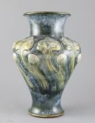 Frank A Butler for Doulton Lambeth, a large Art Nouveau leaf design vase, c.1900, modelled with