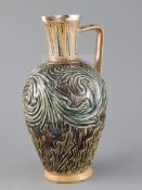 Arthur Barlow for Doulton Lambeth, an early ewer of scrolling leaf design, dated 1873, with plated