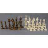 An 18th century Anglo Indian brown stained and natural ivory part chess set, king 5in.