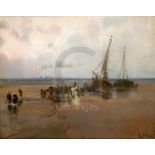 George Charles Haite (1855-1924)oil on wooden panelFisherfolk unloading boats at low tidesigned