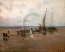 George Charles Haite (1855-1924)oil on wooden panelFisherfolk unloading boats at low tidesigned