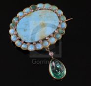 A late Victorian turquoise and rose cut diamond set pendant brooch, with pear shaped cabochon