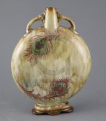 An unusual Doulton Lambeth moonflask, c.1895, decorated with pink lustre and and green enamelled