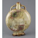 An unusual Doulton Lambeth moonflask, c.1895, decorated with pink lustre and and green enamelled