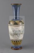 Hannah Barlow for Doulton Lambeth, a 'goats' sgraffito vase, c.1895, with leaf and lappeted borders,