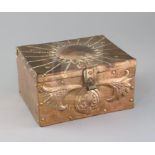 John Pearson. An Arts & Crafts Newlyn copper casket, with sunflower decorated lid and stylised