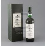 A bottle of Laphroiag 30 year old single Islay malt whisky, in presentation case