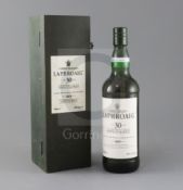 A bottle of Laphroiag 30 year old single Islay malt whisky, in presentation case