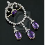 A late Victorian gold and silver, pear and round cut amethyst and rose cut diamond set openwork drop