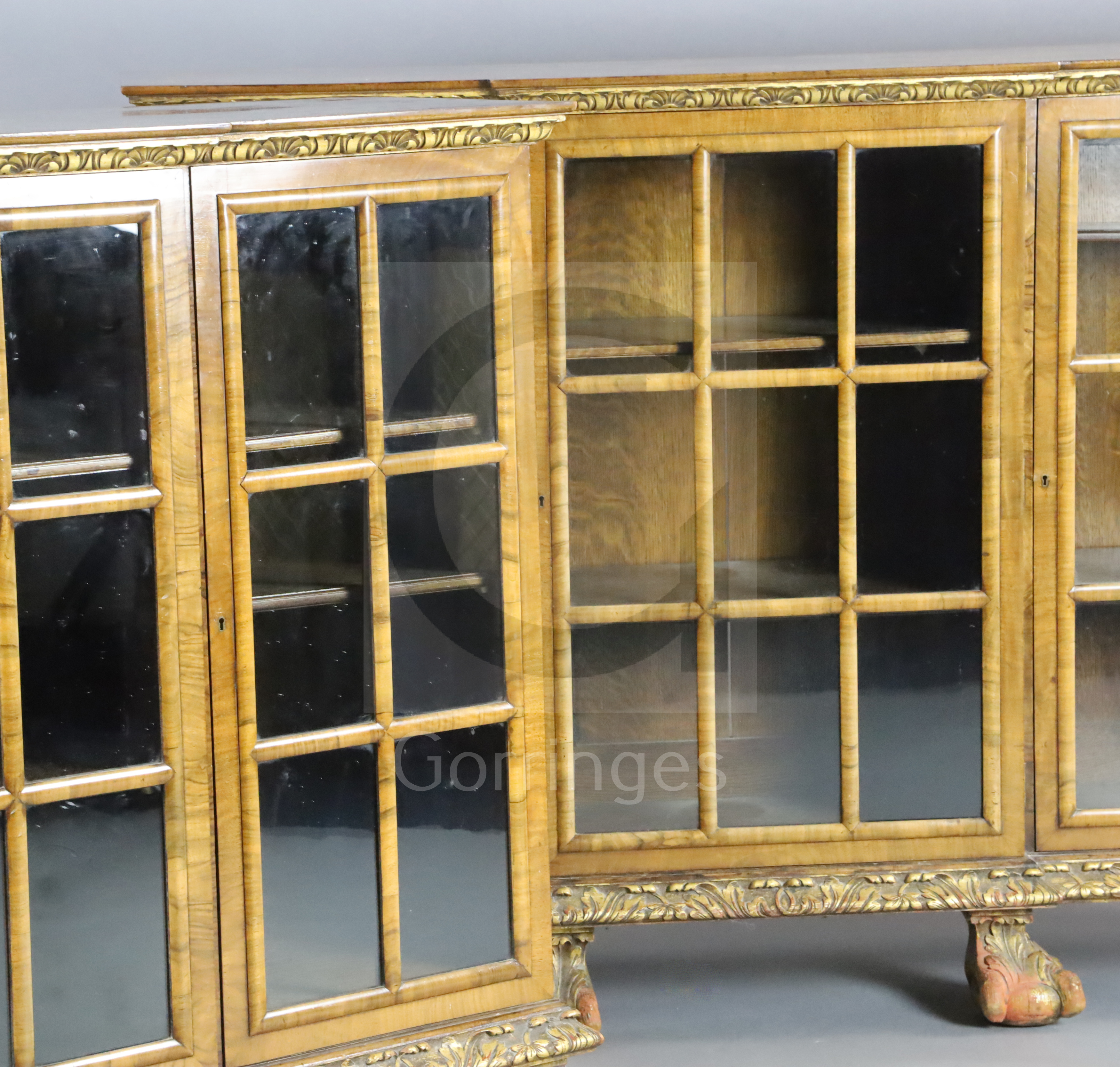 A pair of early 20th century feather banded walnut breakfront dwarf bookcases, with astragal - Image 2 of 2