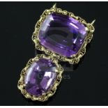 A gold and two stone amethyst set drop pendant, the oval cushion and round cut stones with ornate