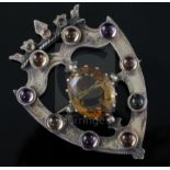 A Victorian Scottish silver, oval cut citrine and cabochon quartz set coronet shield shaped openwork