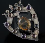 A Victorian Scottish silver, oval cut citrine and cabochon quartz set coronet shield shaped openwork
