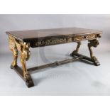 A Regency style mahogany library table, with rounded rectangular top and four frieze drawers, on