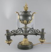 A William IV table top bronze double light Colza lamp, the burners held by cast dog heads on each