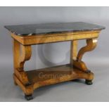 A Charles X birds eye maple console table, the black and white variegated marble top, over one